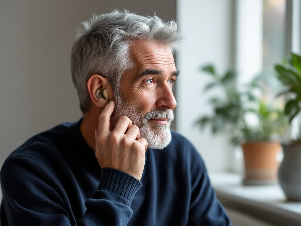 A man in his fifties with tousled silver hair and a trimmed grey beard, wearing a navy knit sweater, seated by a bright window beside potted plants, a small hearing device visible in his ear as his fingertips rest on his cheek just in front of it