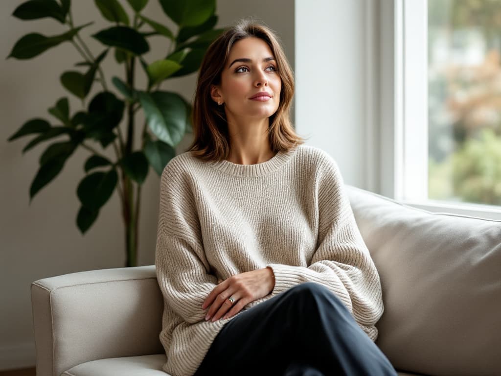 A woman in her late thirties with shoulder-length brown hair, wearing a loose oatmeal-colored knit sweater and dark trousers, sitting on a pale sofa with her arms folded across her waist beside a bright window, a large leafy plant behind her, looking thoughtfully toward the light
