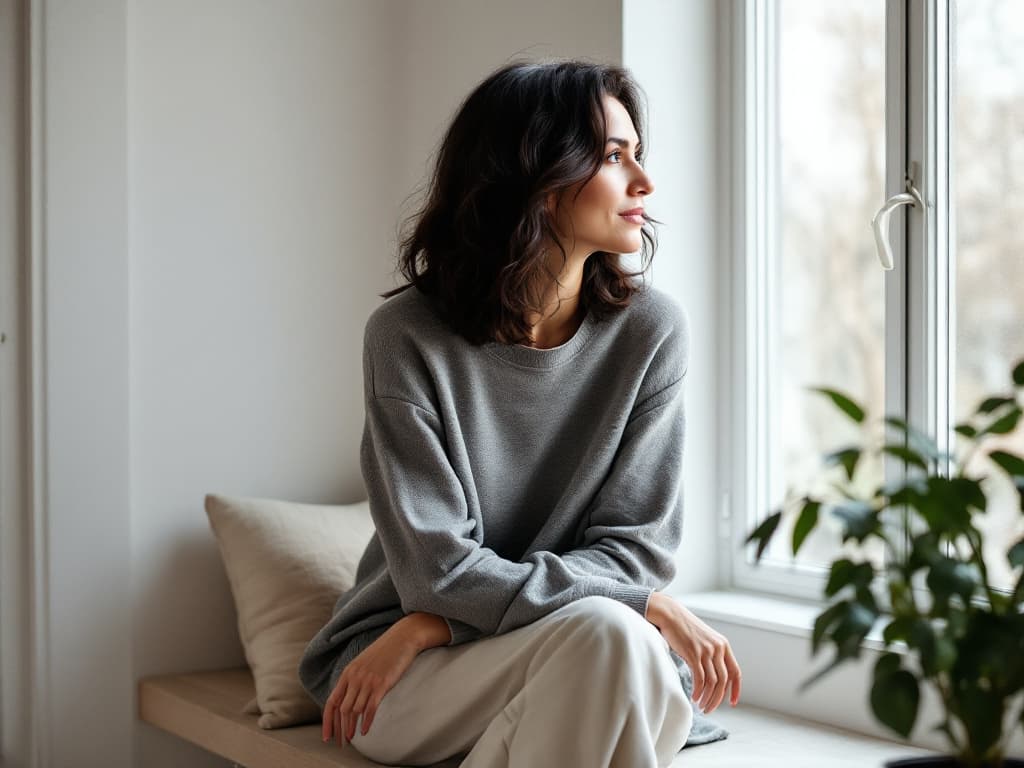 A woman in her thirties with dark wavy shoulder-length hair, wearing an oversized gray knit sweater and loose cream trousers, sitting on a light wooden window seat with a linen cushion behind her, looking out a tall bright window beside a leafy potted plant