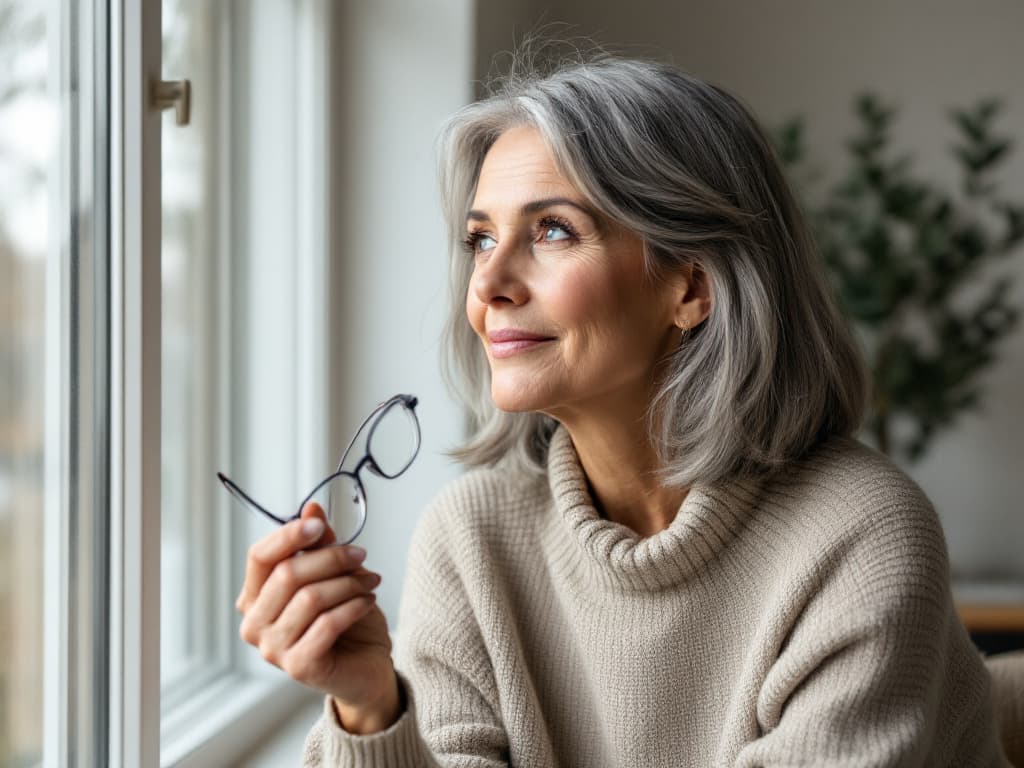 A woman around fifty with shoulder-length silver hair, wearing an oatmeal turtleneck sweater, seated by a bright window beside a potted olive tree, holding a pair of dark-rimmed eyeglasses in one hand as she looks out the window with a slight smile