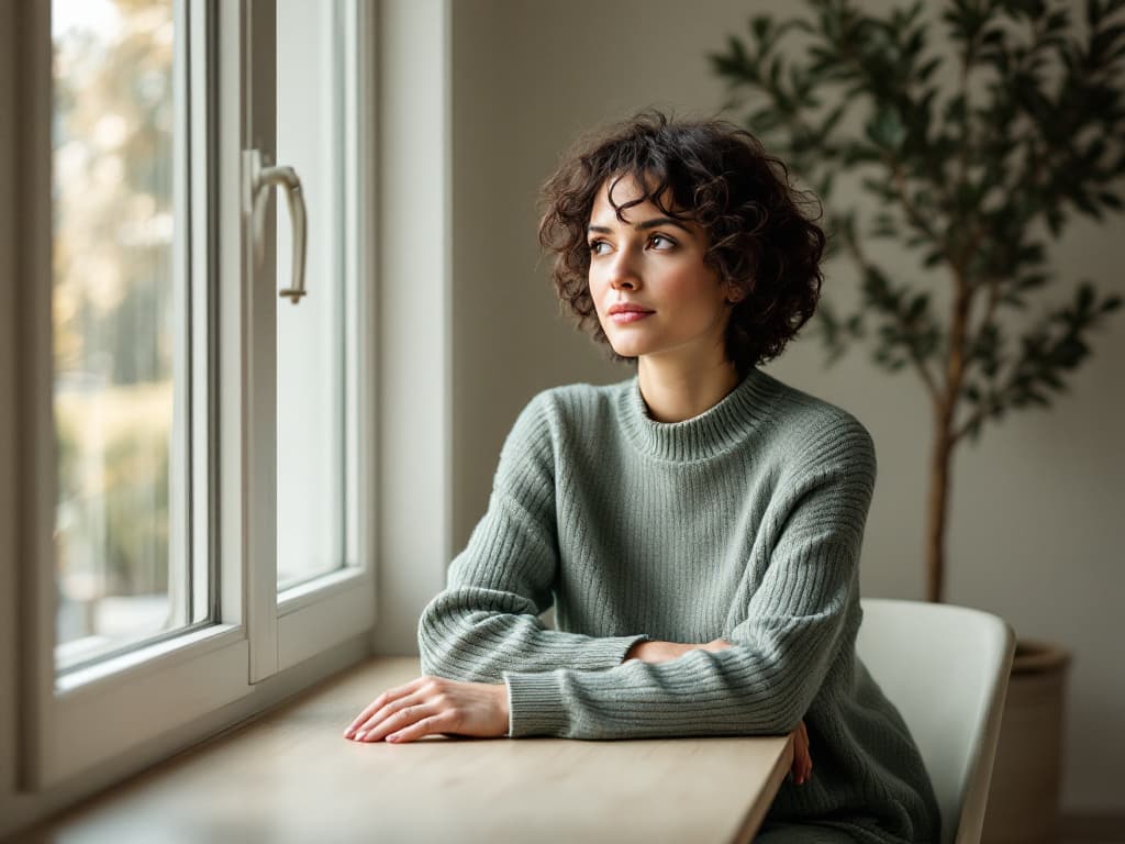 A woman around thirty with short dark curly hair, wearing a sage green ribbed mock-neck sweater, seated at a pale wooden table beside a tall bright window with her forearms resting on the table and an olive tree behind her, looking toward the light