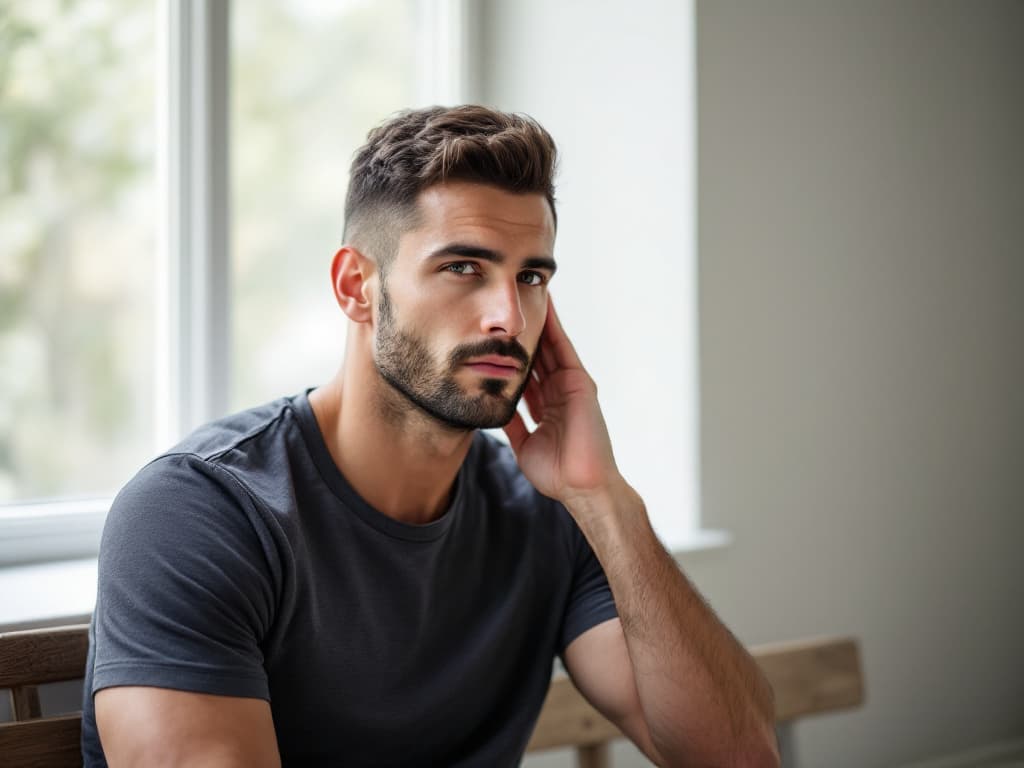 An athletic man around thirty with short dark hair and a trimmed beard, wearing a plain charcoal t-shirt, seated on a wooden bench by a bright window, one ear clearly visible as his hand rests against the opposite side of his face and jaw