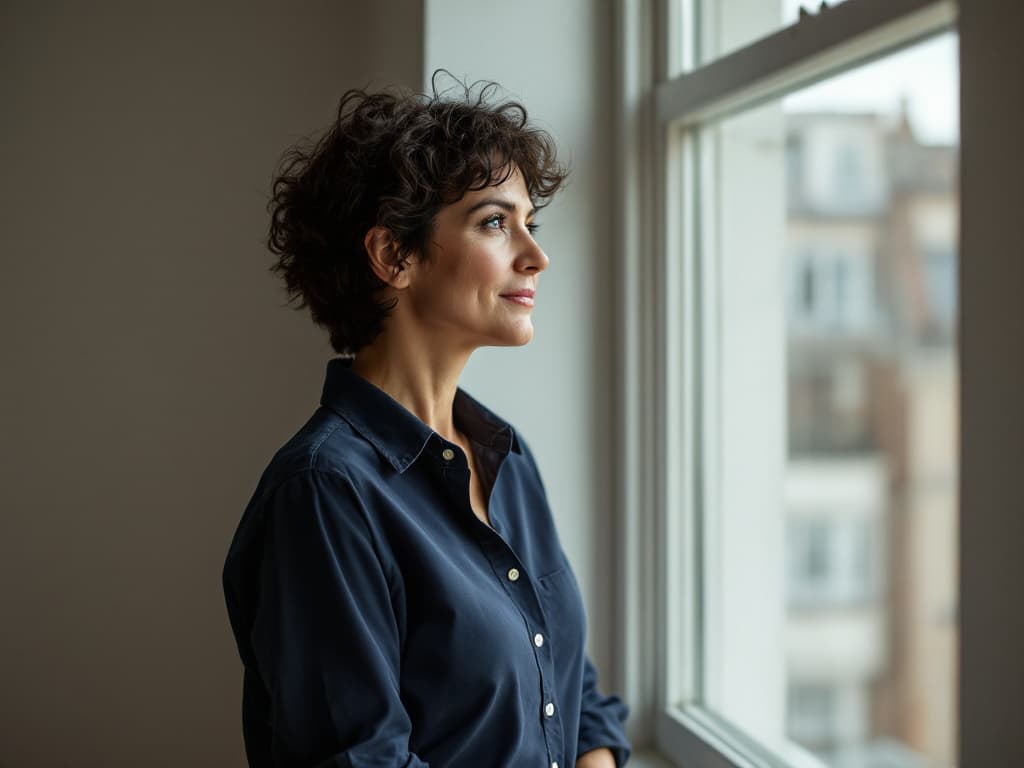 A woman in her mid forties with short dark curly hair, wearing a plain navy button-down shirt, standing beside a tall window in a bare, softly lit room and looking out with a calm, considering expression