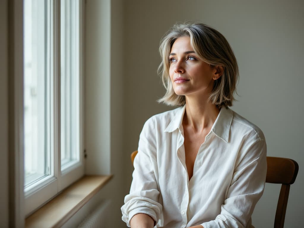 A woman in her forties with chin-length ash-blond and silver hair, wearing an open-collar white linen shirt, seated on a wooden chair beside a tall window in a bare, softly lit room, gazing thoughtfully toward the light