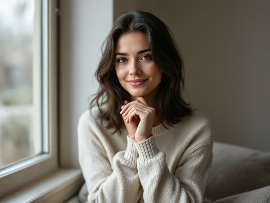 A woman around thirty with dark, wavy, shoulder-length hair, wearing a cream knit sweater, seated beside a tall window with her hands clasped beneath her chin, smiling softly with her lips closed