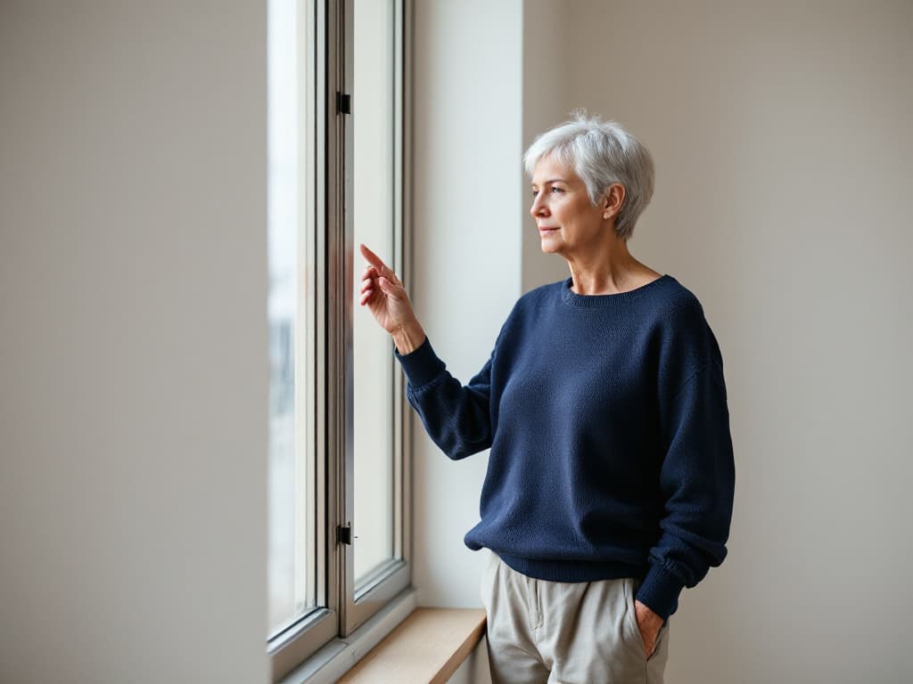 A woman in her early sixties with short silver hair, wearing a loose navy knit sweater and pale trousers, standing beside a tall window in a bare, softly lit room, one hand raised toward the glass as she looks out