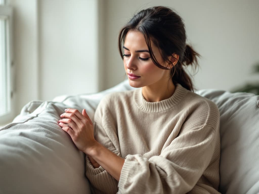 A woman around thirty with dark hair in a loose ponytail, wearing an oatmeal crew-neck sweater, seated on a pale linen sofa by a bright window and looking down at her hand resting on her forearm
