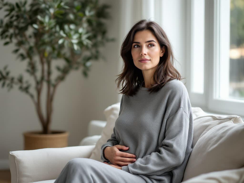 A woman in her thirties with shoulder-length dark brown hair, wearing a loose gray knit sweater, sitting on a white sofa beside a potted olive tree and a bright window, both hands resting on her lower abdomen as she looks toward the light with a calm, thoughtful expression