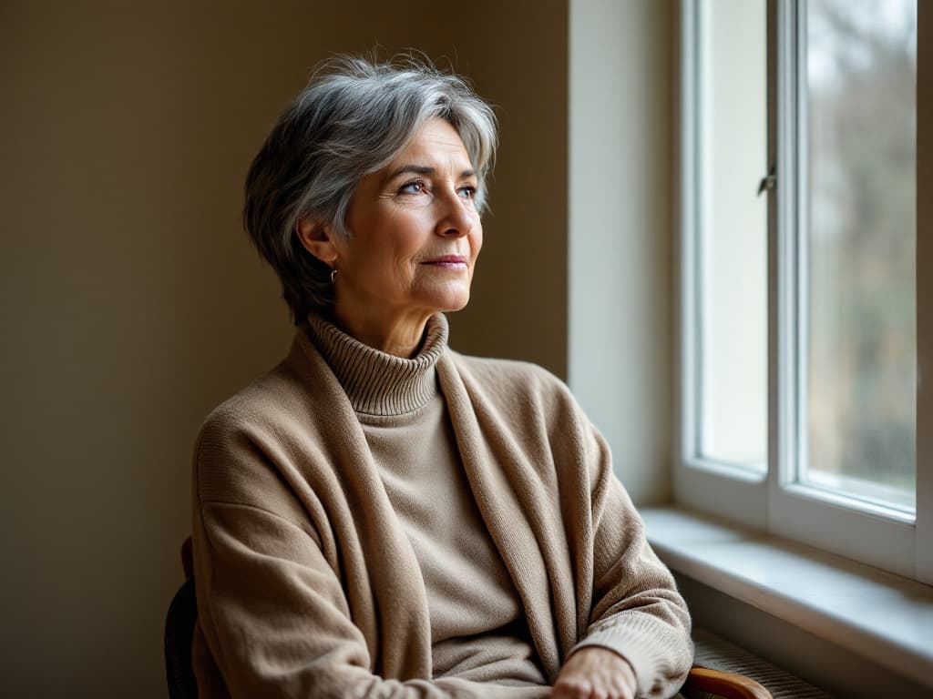 A woman around sixty with short gray hair, wearing a taupe turtleneck and a matching shawl-collar cardigan, seated beside a tall window and looking thoughtfully toward the light