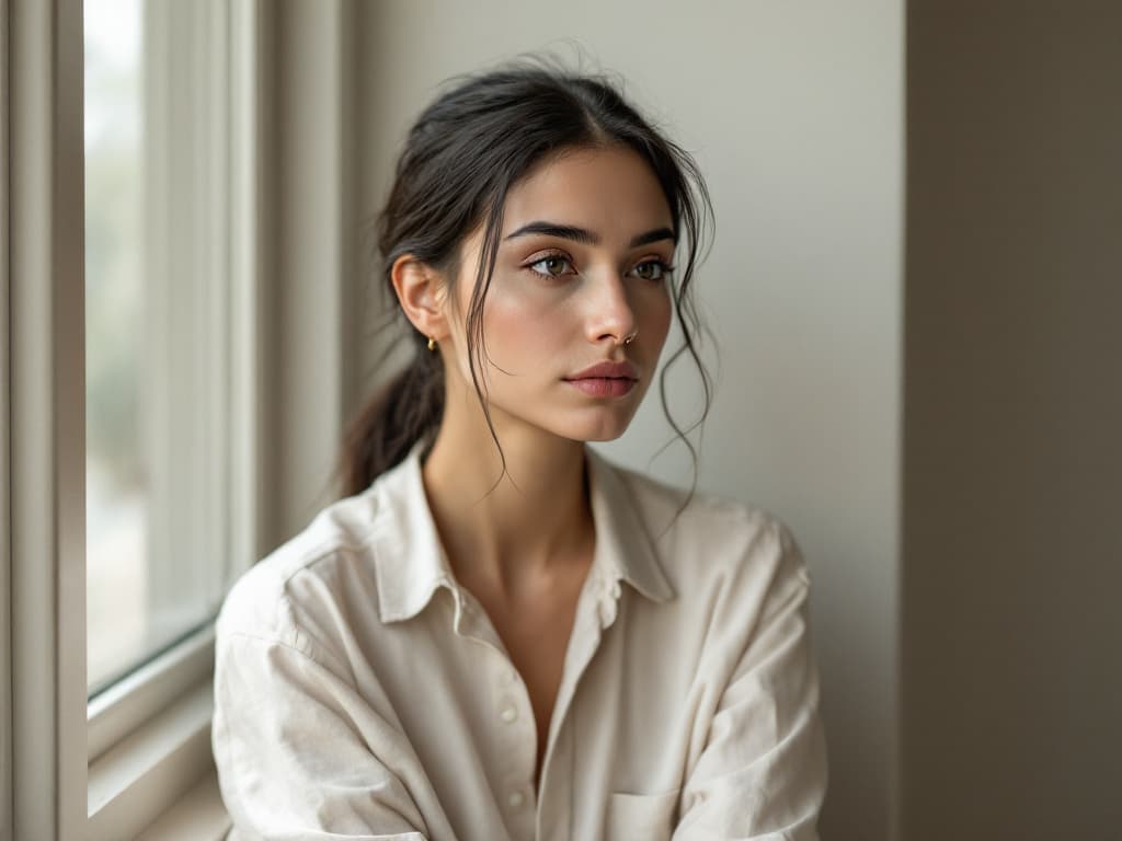 A woman in her late twenties with dark hair tied back, wearing a cream linen shirt and a small ring in her nostril, seated beside a tall window and looking out in soft daylight